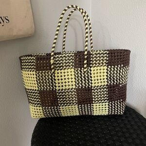 Brown and Yellow Checkered Woven Wire Tote Bag